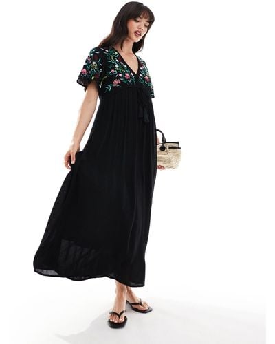 Y.A.S Embroidered V Neck Maxi Dress - Black