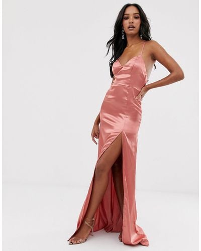 Club L London Satin Plunge Front Maxi Dress With High Thigh Split - Pink