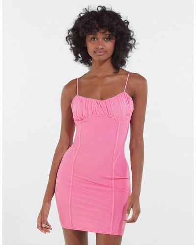 Bershka Strappy Mesh Bodycon Dress With Ruching - Pink