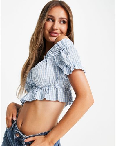 Pimkie Bardot Crop Top Met Gingham Ruit En Ruches - Blauw