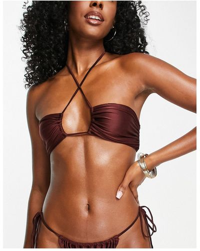 ASOS Cross Neck Beaded Slinky Bandeau Bikini Top - Brown