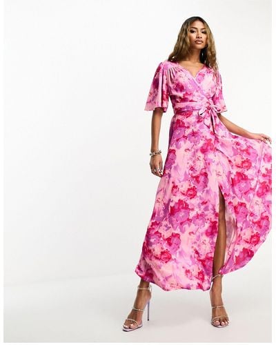 Flounce London Flutter Sleeve Satin Wrap Maxi Dress - Pink