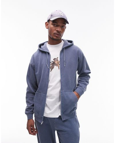 TOPMAN Vintage Wash Zip Through Hoodie - Blue