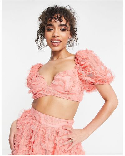 ASOS 3d Lace Crop Top With Puff Sleeves - Pink