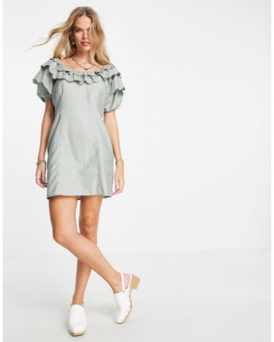 TOPSHOP Broderie Bardot Mini Dress - Green