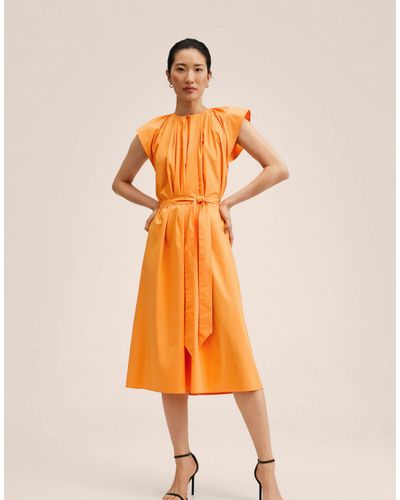 Mango Ruched Front Tie Waist Detail Midi Dress - Orange