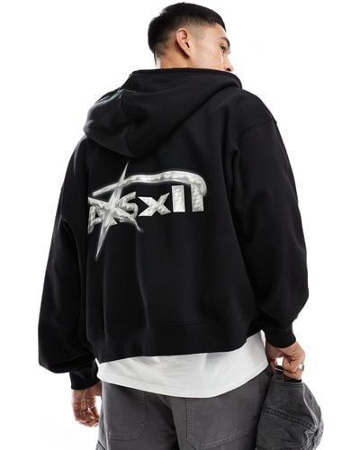 Weekday Boxy Fit Zip Through Hoodie With Back Graphic Print - Black