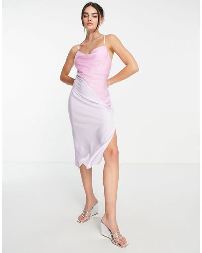 ASOS Asymetric Colour Block Satin Midi Dress With Lace Up Back - White
