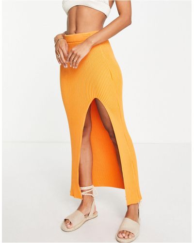 NA-KD X Susanna Wurz Rib Knit High Slit Midi Skirt - Orange
