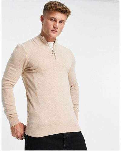 New Look Slim Fit Zip Funnel Neck Knitted Sweater - Natural