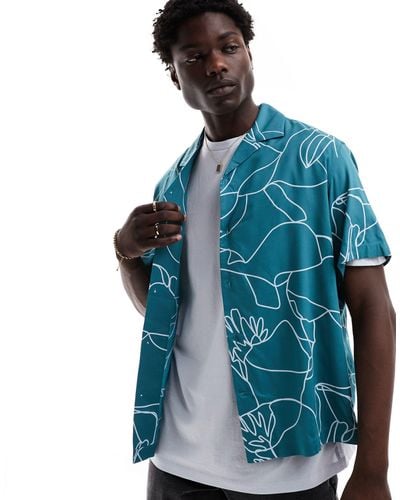 SELECTED Oversized Revere Collar Shirt With Floral Line Print - Blue