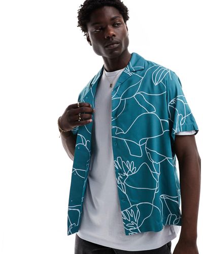 SELECTED Camicia oversize con stampa di fiore delineato e colletto - Blu