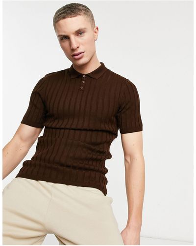 ASOS Knitted Ribbed Polo Neck T-shirt - Brown