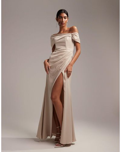 ASOS Bridesmaid Satin Bardot Drape Wrap Maxi Dress - White
