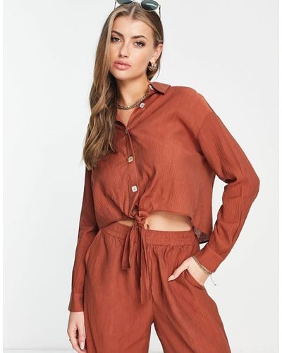 4th & Reckless Trent Crinkle Tie Front Beach Shirt Co-ord - Orange