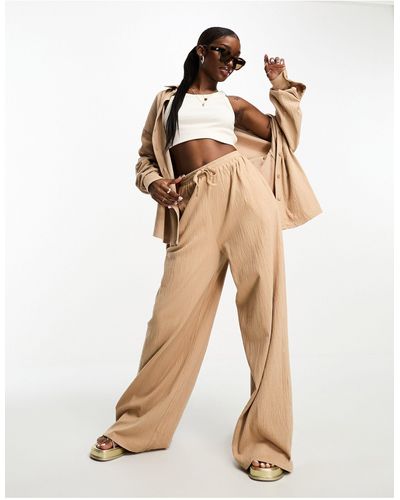ASOS Crinkle Shirred Waist Wide Leg Trousers - Natural