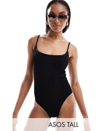 ASOS Asos Design Tall Amy Crinkle Skinny Strap Swimsuit - Black