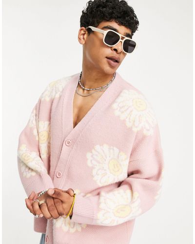 TOPMAN Oversized Knitted Cardigan With Sunflower Print - Pink