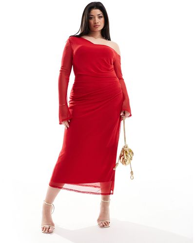 ASOS Asos Design Curve Mesh Long Sleeve Ruched Midi Dress - Red