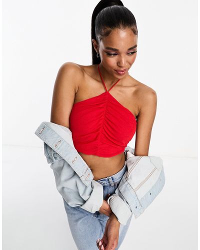 Pull&Bear Ruched Halterneck Crop Top - Red
