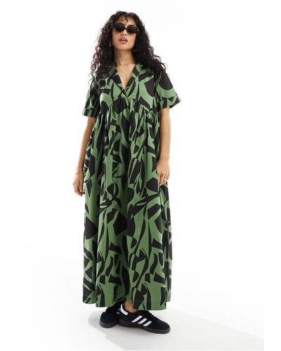 ASOS Smock Midi Shirt Dress With Revere Collar - Green