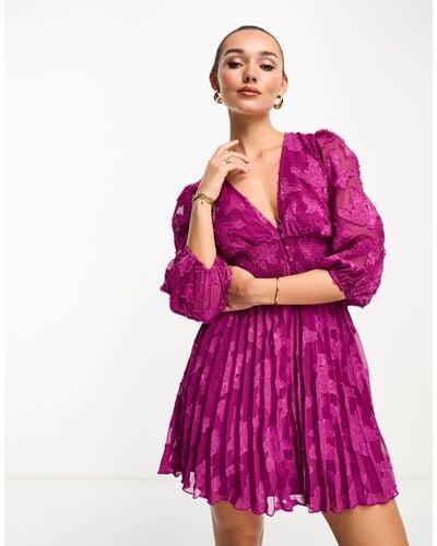 ASOS Burnout Button Through Shirred Waist Pleated Mini Dress - Pink