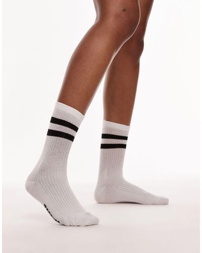 TOPSHOP Sporty Ribbed Socks With Black Stripes - White