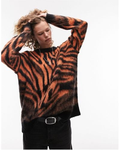 TOPSHOP Knitted Zebra Print Fluffy Sweater - Black