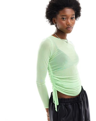 ASOS Long Sleeve Mesh Top With Ruched Sides - Green
