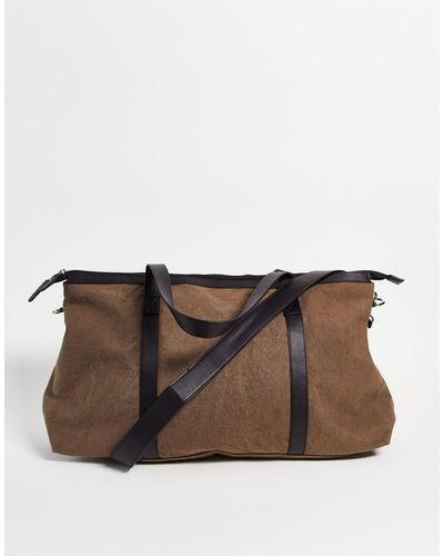 ASOS Cotton Canvas Weekend Holdall With Leather Straps - Brown