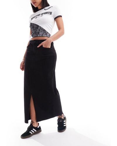 Noisy May Front Split Denim Maxi Skirt - Black
