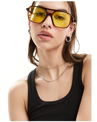 ASOS Fine Frame Aviator Fashion Glasses With Yellow Lens - Black