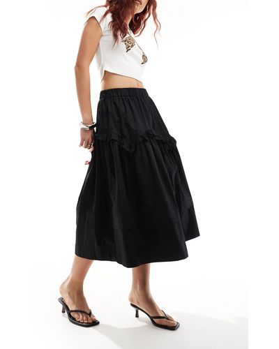 Urban Revivo Ruffle Detail Cotton Midaxi Skirt - Black