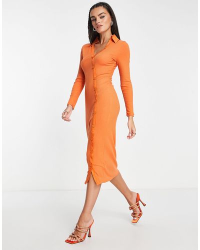 French Connection Jersey Midi-jurk Met Asymmetrische Knoopsluiting - Oranje