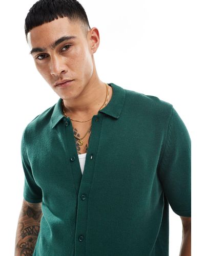 ASOS Midweight Knitted Cotton Button Through Polo - Green