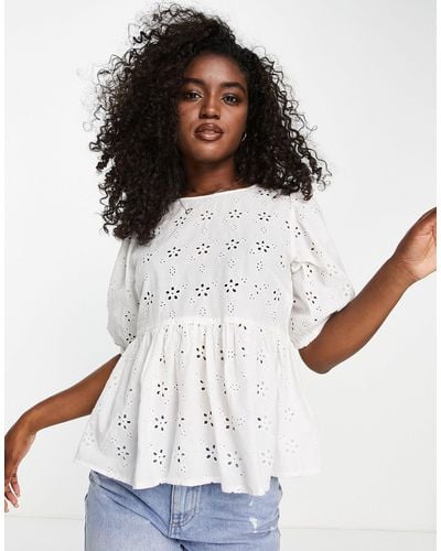New Look Broderie Peplum Blouse - White