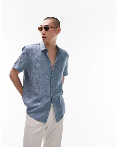TOPMAN Short Sleeve Regular Floral Jacquard Shirt - Blue