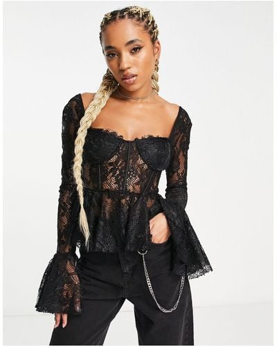 Long Sleeve Lace Front Rib Back Top with Notch Detail