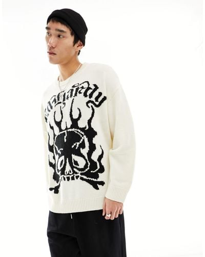 Ed Hardy Jacquard Knit Jumper With Contrast Gothic Logo And Skull Print-white