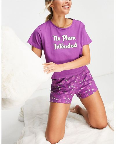 Brave Soul Pyjama avec short et top à inscription « no plum intended » - Violet