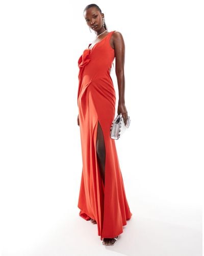 ASOS Premium Draped Rose Detail Off Shoulder Fishtail Maxi Dress - Red