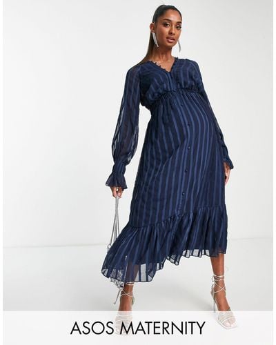 ASOS Asos Design Maternity Satin Stripe Midi Dress With Blouson Sleeve And Button Detail - Blue