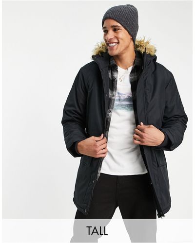 French Connection Tall Parka Jacket With Faux Fur Hood - Black
