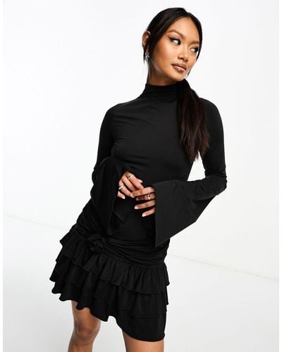 Annorlunda Open Back Ruffle Detail Mini Dress With Corsage - Black