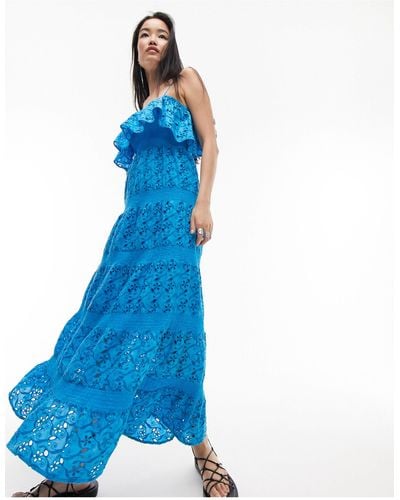 TOPSHOP Strappy Broderie Maxi Dress With Frill Neck - Blue