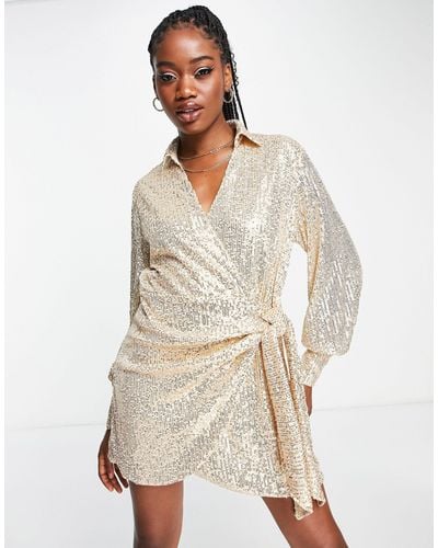 Style Cheat Wrap Tie Sequin Shirt Dress - Natural