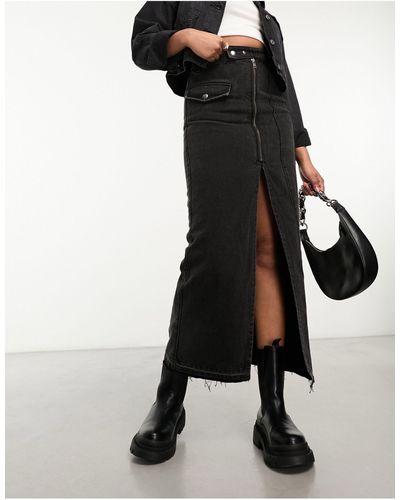 Miss Selfridge Asym Zip Denim Maxi Skirt - Black