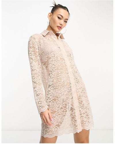 Flounce London Lace Mini Shirt Dress With Scallop Edge - Natural