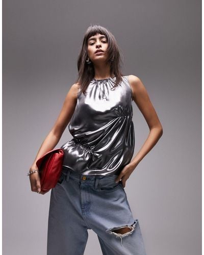 TOPSHOP Ruched Foil Top - Gray