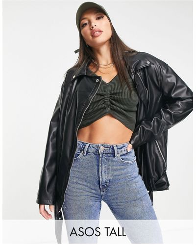 ASOS Asos Design Tall Longline Oversized Faux Leather Biker Jacket - Black